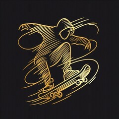 Dynamic Gold Line Art of a Skateboarder in Mid-Action on a Black Background with Generative AI.