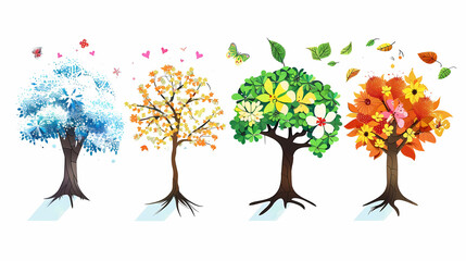 Four seasons tree isolated on white background, spring with flowers, green summer, yellow autumn, snow winter. Vector illustration. Paper cut cartoon style,