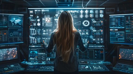 Wall Mural - Female Hacker Manipulating Virtual Screens in Futuristic Lab with Hand Gestures