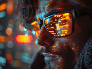 Poster - hacker using augmented reality glasses to navigate digital interface overlaid on real world