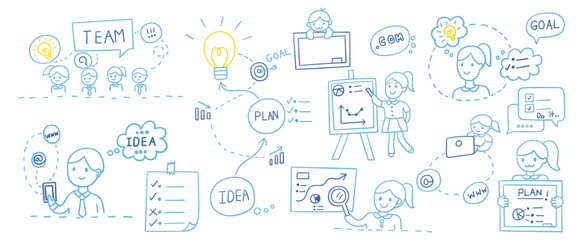 Wall Mural - hand drawn line doodles vector design elements set of business team, goal speech bubble, to do list,