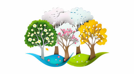 Four seasons tree isolated on white background, spring with flowers, green summer, yellow autumn, snow winter. Vector illustration. Paper cut cartoon style,