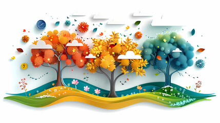 Four seasons tree isolated on white background, spring with flowers, green summer, yellow autumn, snow winter. Vector illustration. Paper cut cartoon style,