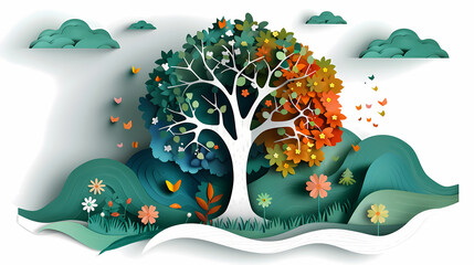 Four seasons tree isolated on white background, spring with flowers, green summer, yellow autumn, snow winter. Vector illustration. Paper cut cartoon style,