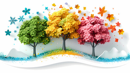 Four seasons tree isolated on white background, spring with flowers, green summer, yellow autumn, snow winter. Vector illustration. Paper cut cartoon style,