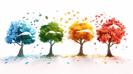 Four seasons tree isolated on white background, spring with flowers, green summer, yellow autumn, snow winter. Vector illustration. Paper cut cartoon style,