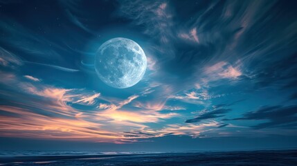Wall Mural - a large moon is shining brightly in the sky above a calm ocean