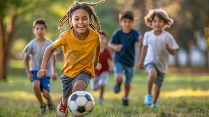 A group of children playing soccer in a park