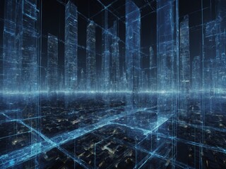 Poster - Vast network of glowing blue lines creates complex grid that resembles futuristic cityscape, with perspective drawing eye towards horizon beneath dark sky.