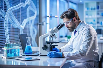 A man in a lab coat is working on a microscope