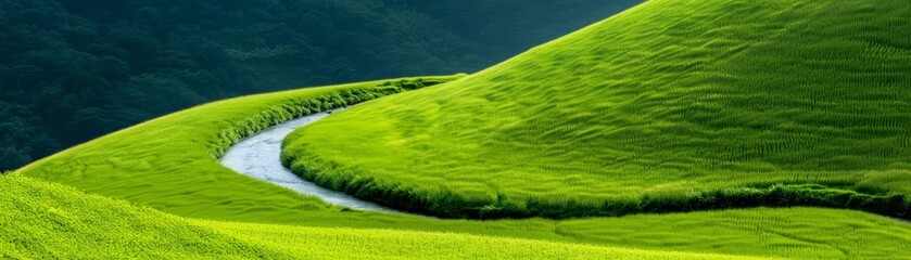 Wall Mural - serene green landscape with winding creek and lush hills.