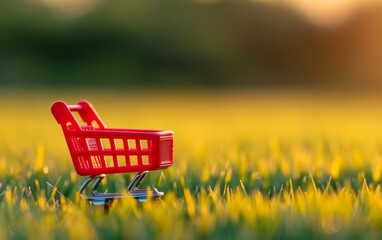 small red shopping cart in a field of green grass with a blurred yellow sunset background.