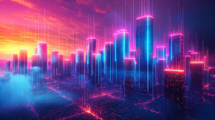 Wall Mural - A cityscape with neon lights and a sunset in the background