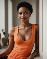 Wall Mural - Elegant Woman of Color in Orange Dress Smiling Gracefully Indoors with Natural Light and Stylish Jewelry