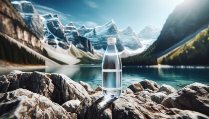 clear water bottle in the foreground, placed on a rocky surface with a mountainous landscape