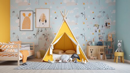 Poster - A bright and cheerful childrens room with a yellow tent, pastel wallpaper, and playful decorations. Generative AI