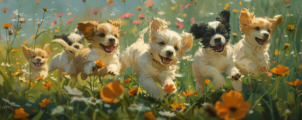 Sticker - A playful group of puppies frolicking in a field of wildflowers.