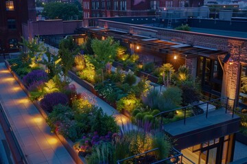 Wall Mural - A serene twilight scene captures the ambiance of a rooftop garden adorned with sparkling lights, creating a magical and peaceful atmosphere