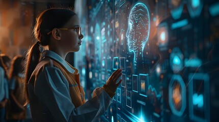 Aufkleber - AI Powered Robot Teacher Engaging Students in Futuristic Classroom with Holograms and Interactive Tools