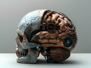 Poster - Steampunk inspired Mechanical Brain with Gears and Cogs Blending Organic and Technological Elements