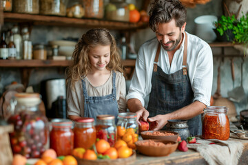 Father and daughter making preserves in rustic kitchen, surrounded by jars of homemade jams and fresh fruits