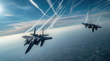 Wall Mural - View of a fighter jet above the clouds.