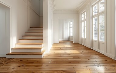 Sticker - White and Wooden Staircase and Hallway Interior.