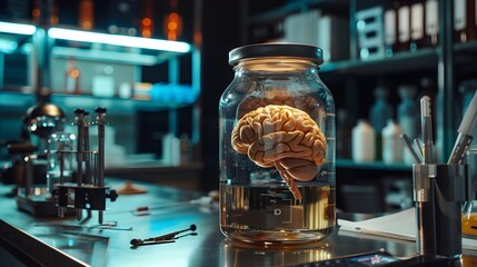 Poster - Brain Specimen in Research Laboratory Environment with Scientific Instruments and Data Charts