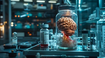 Aufkleber - brain in jar with scientific instruments and data charts in research lab environment