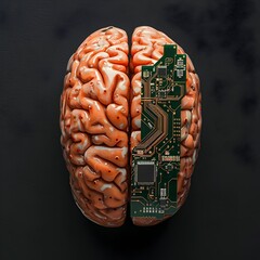 Poster - Brain Integrated with Circuit Board Symbolizing Human Thought and Technology Fusion