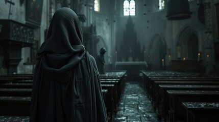 A girl in a dark robe with a hood in a church against the backdrop of a row of benches and lit candles.