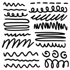 Wall Mural - Set of hand drawn grunge design elements. Hand draw brush lines. Set of drawn brush draw doodles. Vector illustration