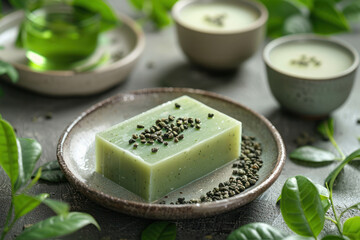 A green tea scented soap bar rests on a ceramic dish surrounded by tea leaves
