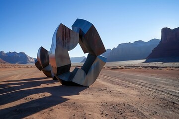 An Apex monument of abstract shapes, casting long shadows in the desert at noon