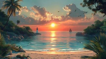 Seaside sunset vacation illustration poster background