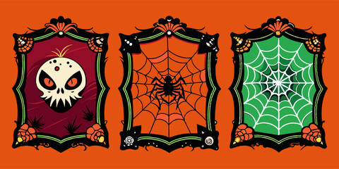 Three frames exhibiting a skull, spider web, and spider designs