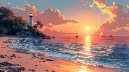 Wall Mural - Seaside sunset vacation illustration poster background