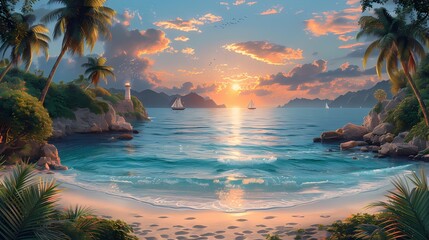 Seaside sunset vacation illustration poster background