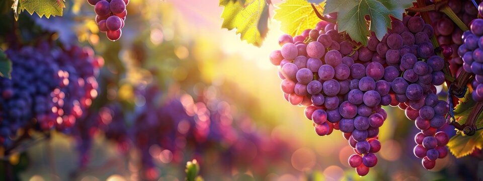 A cluster of vibrant purple grapes hanging from a vine in a sun-drenched vineyard, ready for harvest.