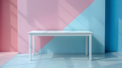 Poster - Minimalist White Table Against Colorful Geometric Backdrop for Product Display