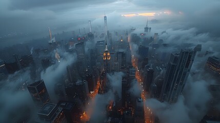 Wall Mural - Dramatic Cityscape of Towering Skyscrapers Piercing Through Cloudy Skyline and Misty Atmosphere