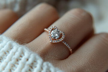 Wall Mural - A close-up of a womans hand wearing a delicate rose gold ring with a heart-shaped design and a single diamond centerpiece