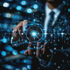 Poster - Hand touching a virtual icon holographic digital interface with a futuristic business backdrop
