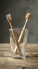 two bamboo toothbrushes standing in a glass on a wooden table, with soft lighting and a blurred background of gray tones.