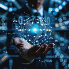 Poster - Hand touching a virtual icon holographic digital interface with a futuristic business backdrop