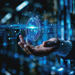Poster - Hand touching a virtual icon holographic digital interface with a futuristic business backdrop