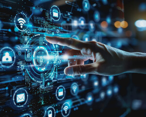 Poster - Hand touching a virtual icon holographic digital interface with a futuristic business backdrop