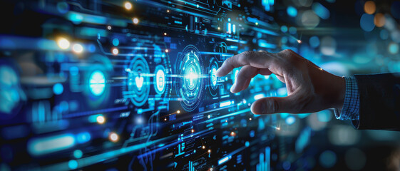 Poster - Hand touching a virtual icon holographic digital interface with a futuristic business backdrop