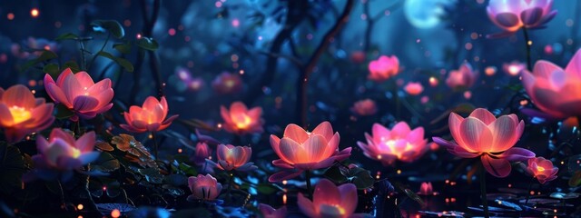 Wall Mural - Luminescent lotus in Garden at night