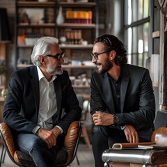 Aufkleber - experienced business leader mentoring and guiding a young entrepreneur in a stylish corporate office